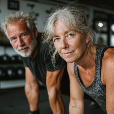 Seniori fericiti facând exerciții de fitness în cadrul programelor FitPilot